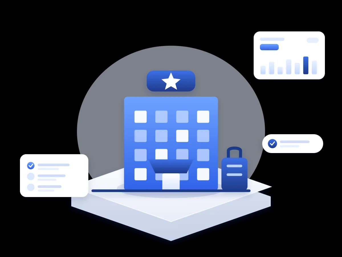 Illustration of a hotel building with a star sign, a suitcase and an entrance awning on an isometric platform, beside dashboard cards that represent hotel management software